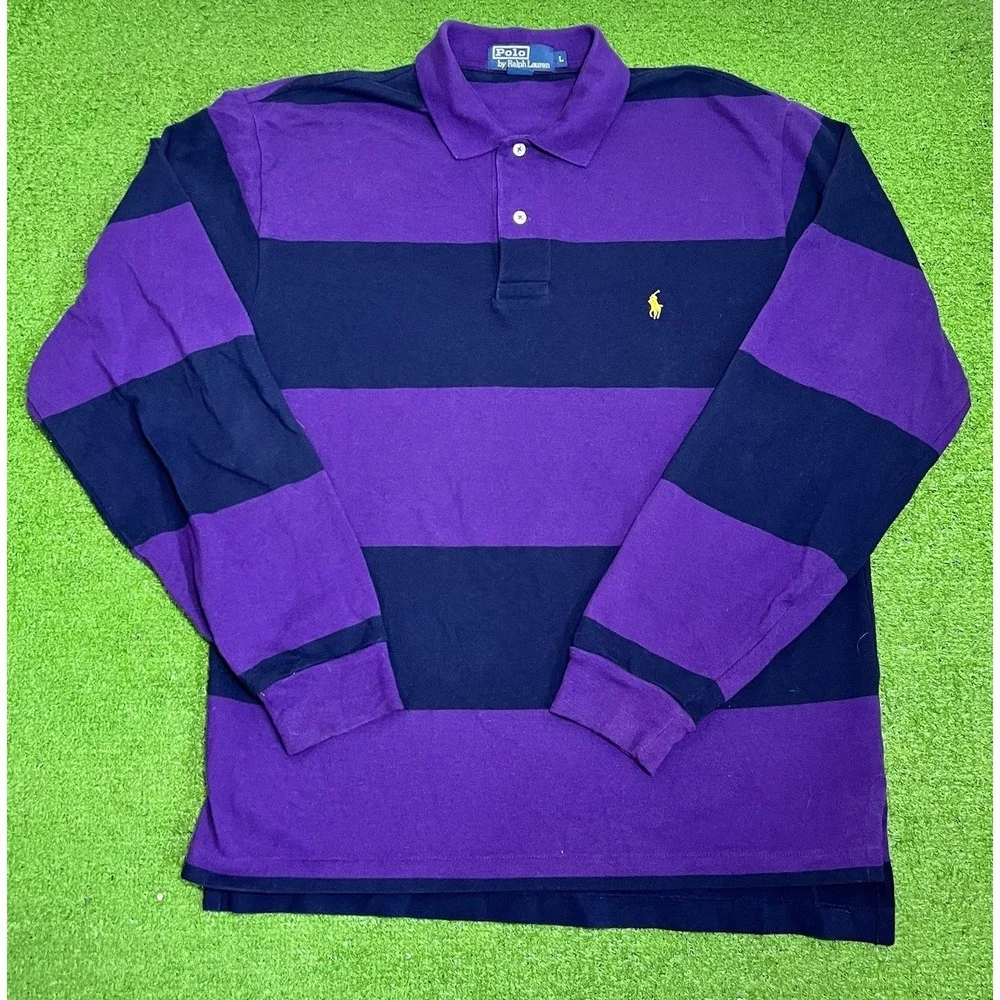 Vintage Polo Ralph Lauren Rugby Polo LG Purple Striped Collegiate 90s Gold Pony